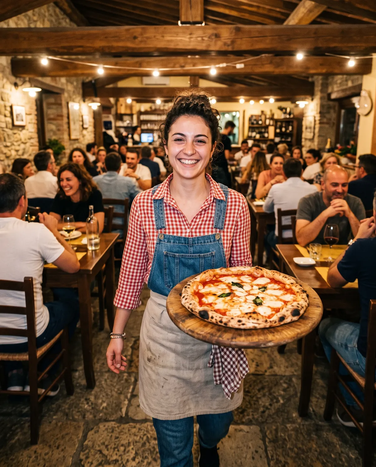 Una cameriera della Brasserie porta la pizza sul tagliere
