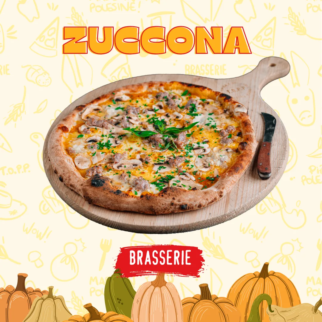 La Zuccona, October's pizza of the month, on the Brasserie wooden board