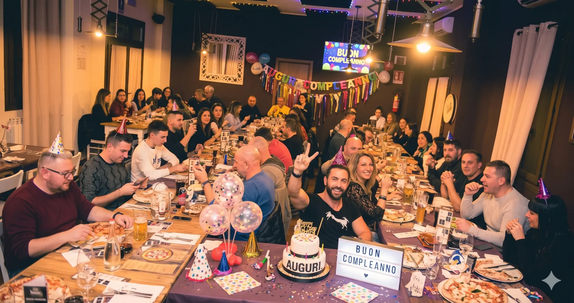 Una grande tavolata che festeggia il compleanno alla Brasserie di Adria, con torta, cappellini e striscione Buon Compleanno
