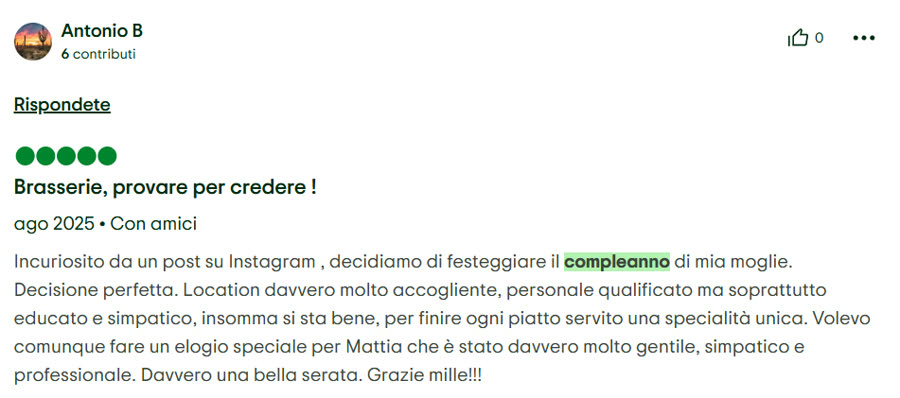 Recensione 5 stelle: compleanno alla Brasserie, location accogliente e personale gentile