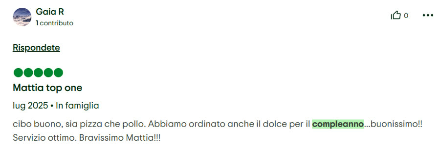 Recensione 5 stelle: ordinato il dolce per il compleanno, buonissimo, servizio ottimo