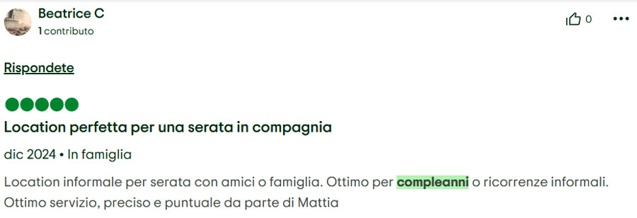 Recensione 5 stelle: location perfetta per una serata, ottimo per compleanni
