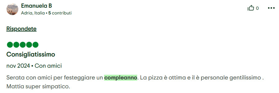 Recensione 5 stelle: serata con amici per festeggiare un compleanno, consigliatissimo